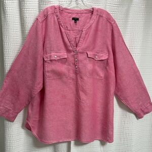 Talbots Plus Pink Linen Tunic Pop over summer coastal Crisp y neck pockets SZ 3X